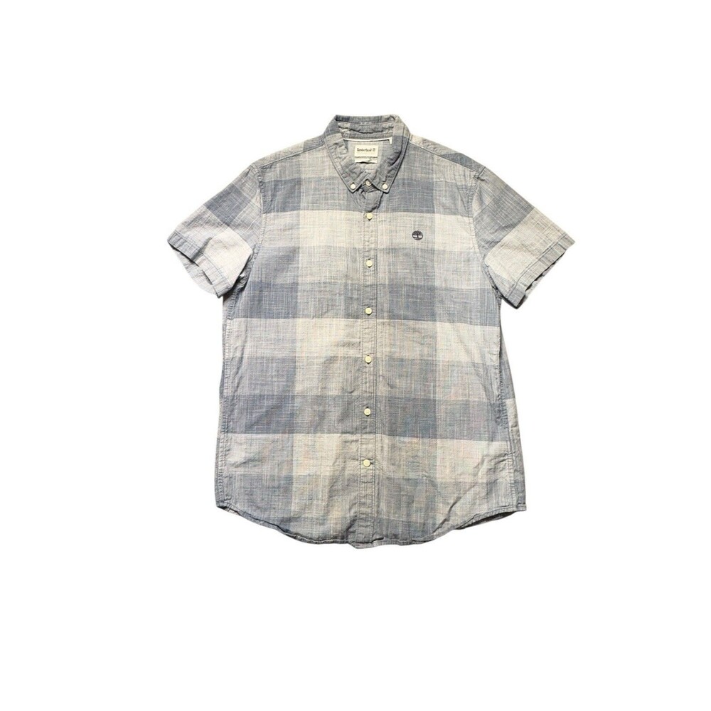 Timberland Slim Fit Plaid Shirt Men’s L Blue Gray Short Sleeve Button Down